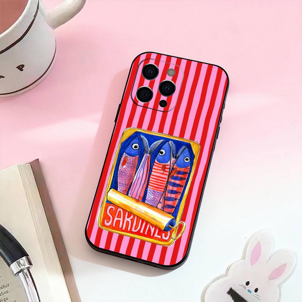 Sardines Fish Art Phone Case For iPhone 17,16,15,14,13,12,11 Plus,Pro Max,Soft Silicone Black Cover