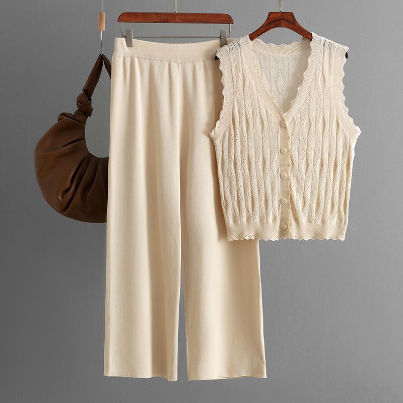 Summer Simple Cardigan Loose Sleeveless Knitted Vest Set Wide Leg Pants Knitted Two-piece Set For Women