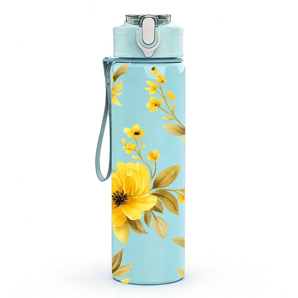 1PC Bright Yellow Chrysanthemum Floral Art 750ml Color Plastic Sports Water Bottle Leakproof Flip Straw Lid Suitable for Sports Office Home Use