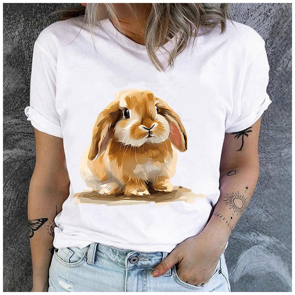 Women's Polyester 100% Cute Rabbit  Print T-shirt Loose Round Neck Casual Short Sleeve Fashion Top Wholesale Clothing Summer