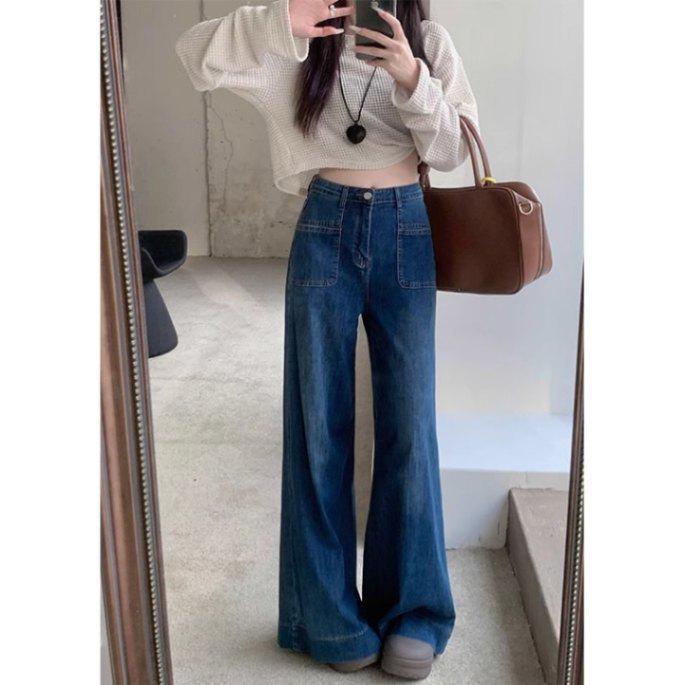 

Женские джинсы с высокой посадкой, широкими штанинами, в стиле ретро, темно-синие - ранняя осень, свободный крой, стройнящие, длиной до пола Medium темно-синий