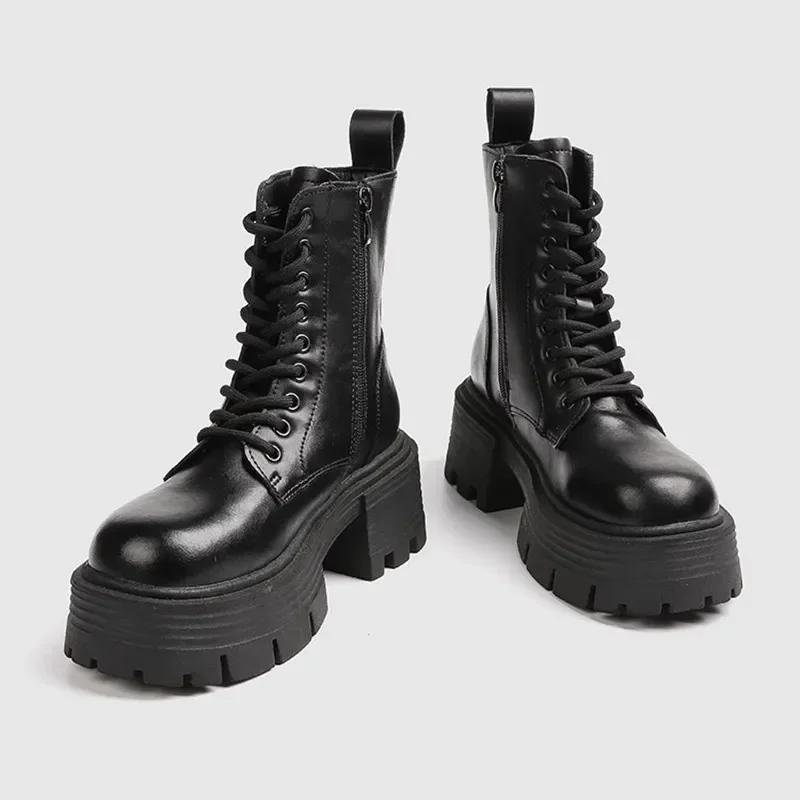 2025 Chunky Heel Black Mid Calf Platform Boots Women Fashion Lace Up Side Zip Design Soft Leather PU Biker Boots for Women Botas