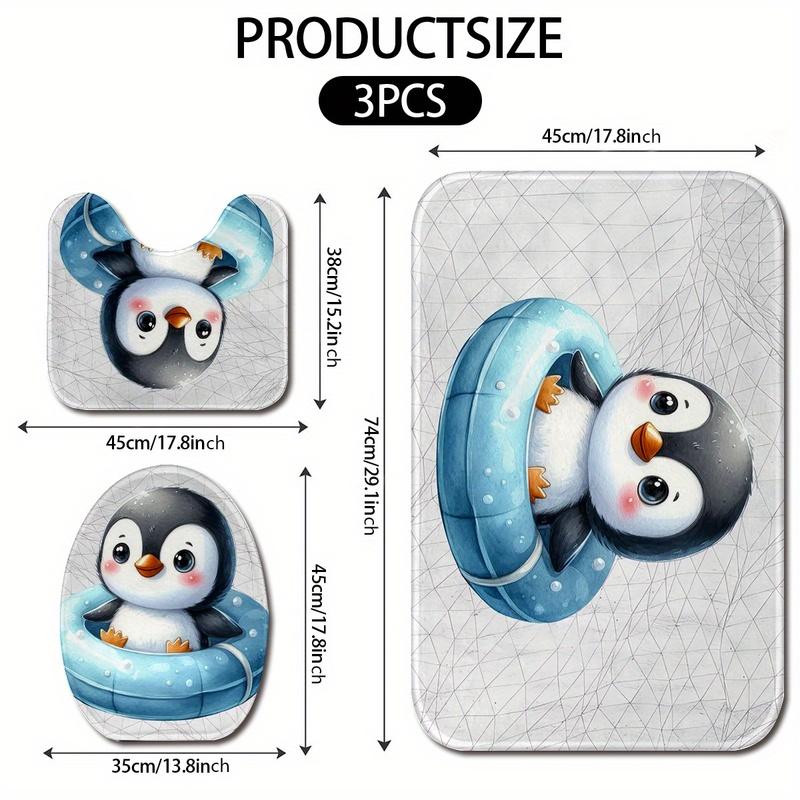 3pcs Summer Penguin Bathroom Rug Set Non-Slip U-Shaped Mat and Toilet Lid Cover Cute Animal Theme Washable Indoor Floor Mats