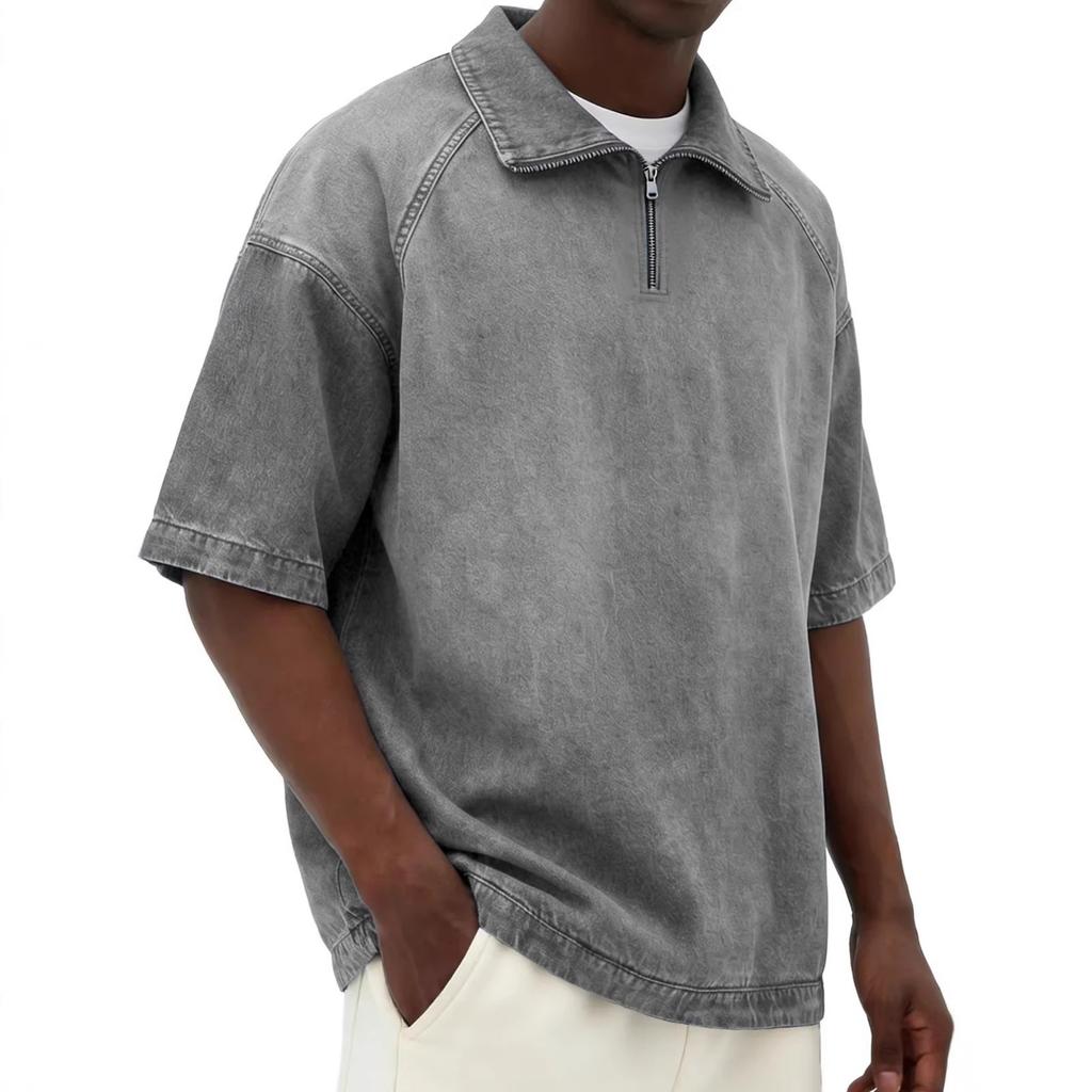 Men's Casual American- Denim-like Fabric Short-sleeved Shirt - Men's Retro Trendy Fitted Collar Zipper Jacket