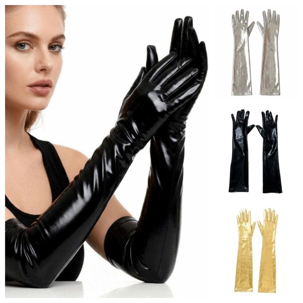 Skinny Patent Leather Gloves Solid Color Etiquette Mittens Shiny Long Gloves  Girl