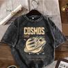 Vintage Washed Black T-Shirt Men Women Bitcoin Moon Space Print Streetwear Oversized Cotton Short Sleeve Tee