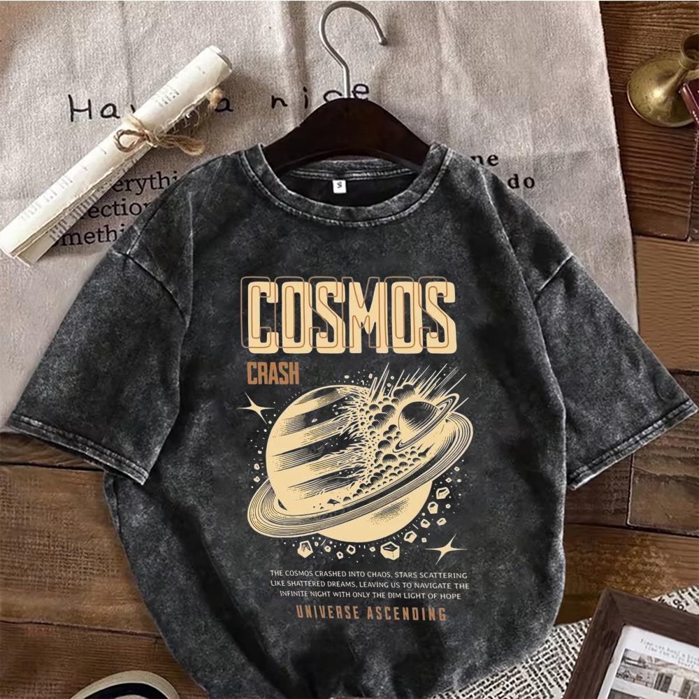 Vintage Washed Black T-Shirt Men Women Bitcoin Moon Space Print Streetwear Oversized Cotton Short Sleeve Tee