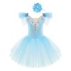 Girls Princess Tutu Dress with Flying Sleeves & Lace Flower Decor, Adjustable Spaghetti Straps, Mesh Skirt + Headdress for Dance Party