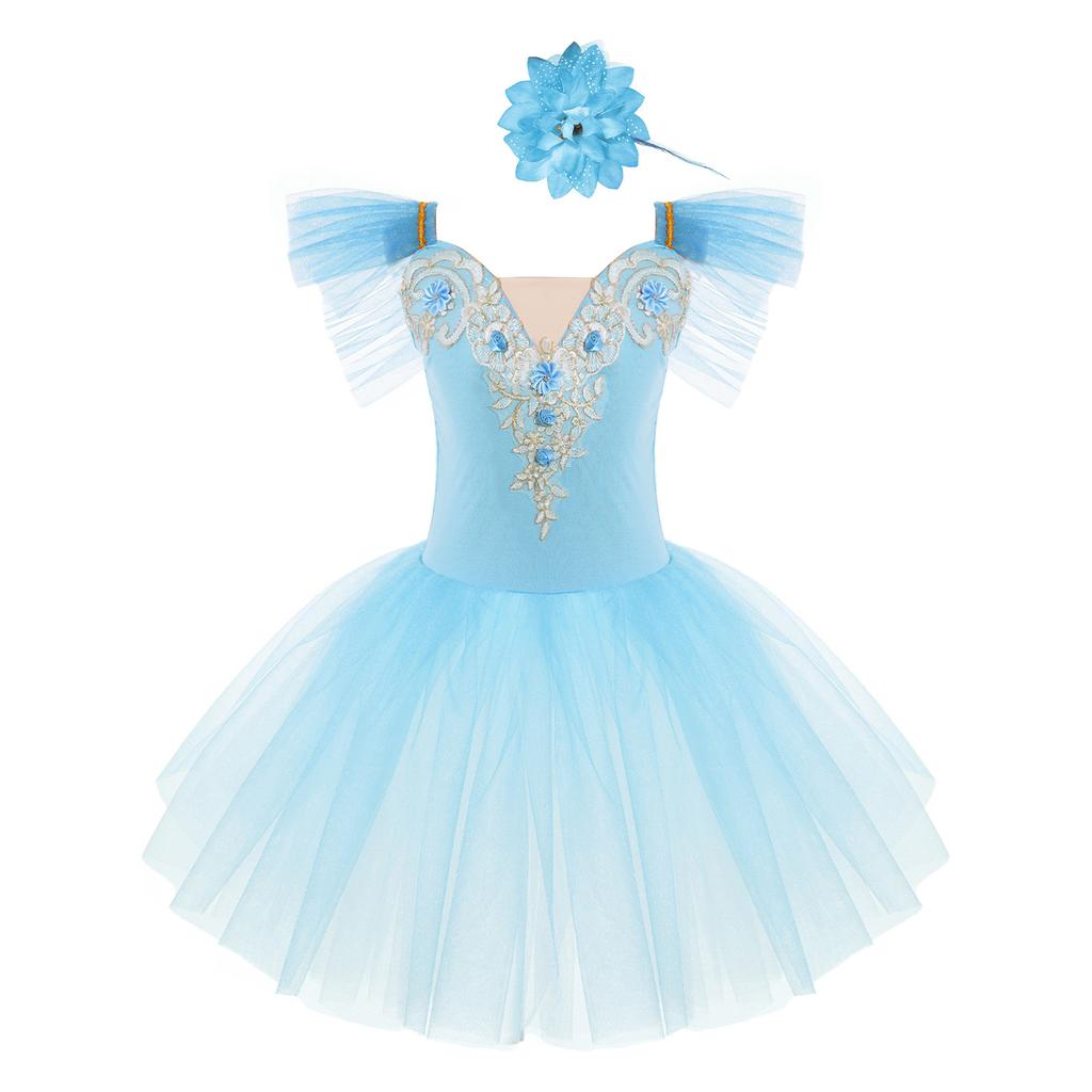 Girls Princess Tutu Dress with Flying Sleeves & Lace Flower Decor, Adjustable Spaghetti Straps, Mesh Skirt + Headdress for Dance Party