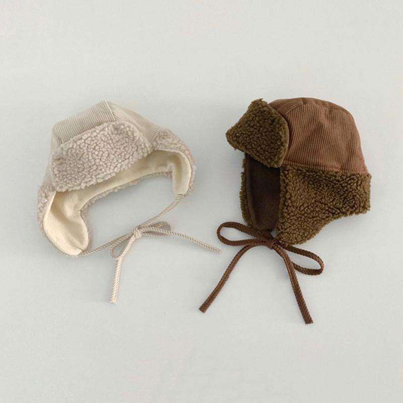 Retro Winter Kids Hat for Boys Lamb Wool Lei Feng Hats Thicken Warm Ear Protection Cap Baby Girls Accessories Solid Color