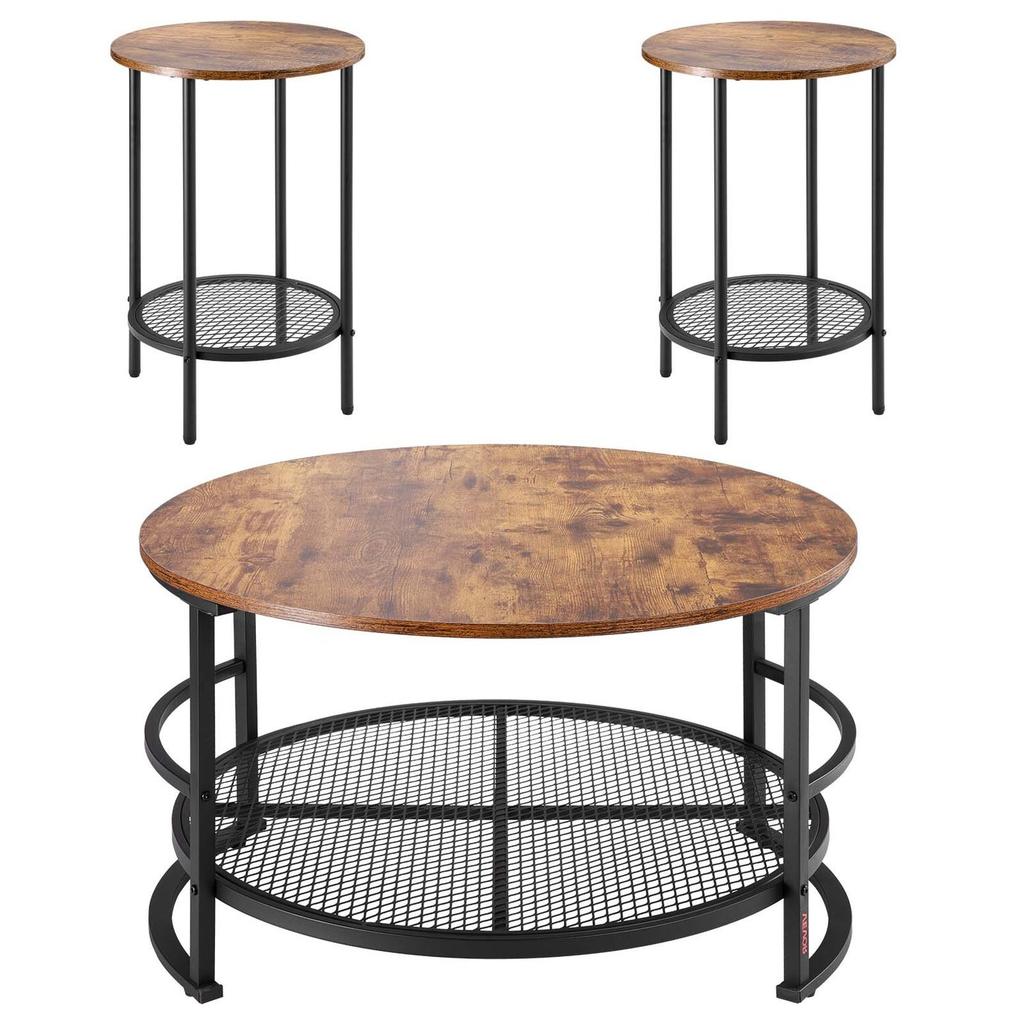 3 Pieces Round Coffee Table Sets, 80 cm Industrial Living Room Table with 2 End Side Tables, Easy Assembly Coffee and End Tables Sets with Metal Legs,