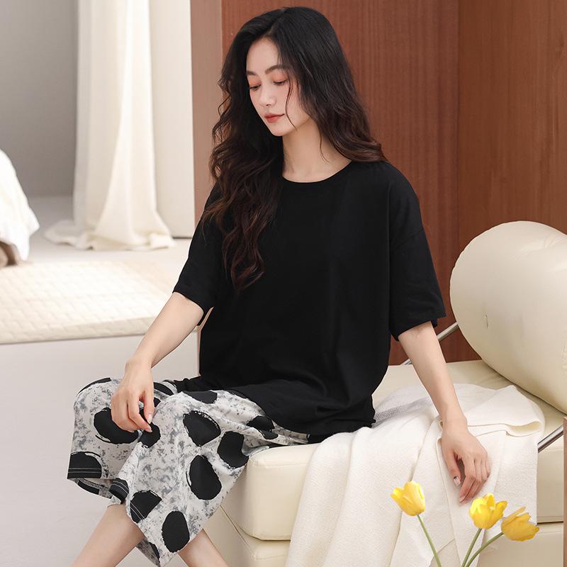 Short-sleeved pajamas women's summer pure cotton 1011 new cropped pants women's summer large-size loungewear suit spring and autumn