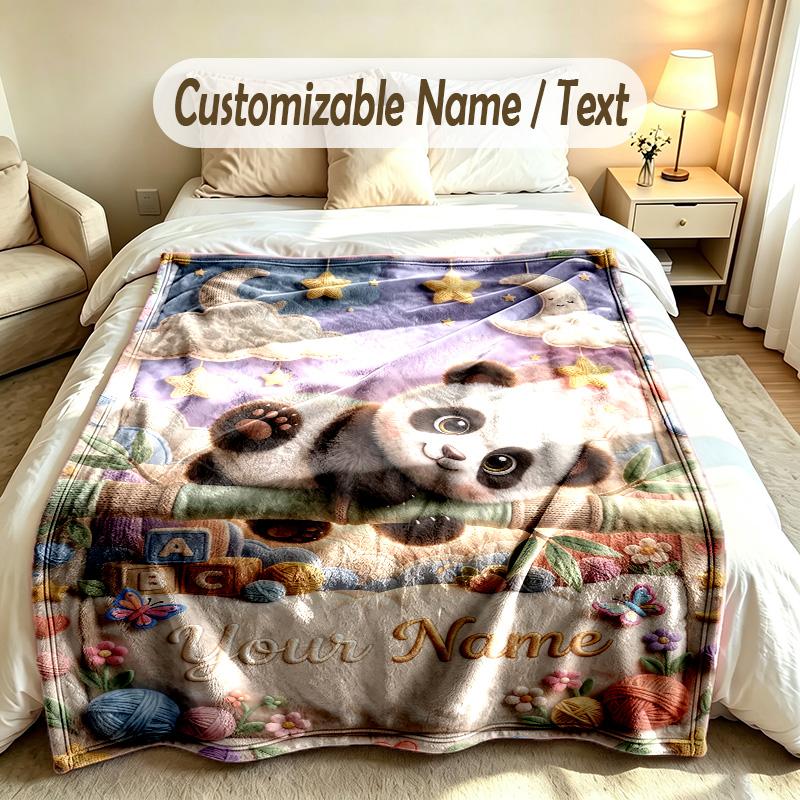Panda Theme Custom Blanket Personalized Name & Text Customized Soft Warm Throw Blanket Home Decor