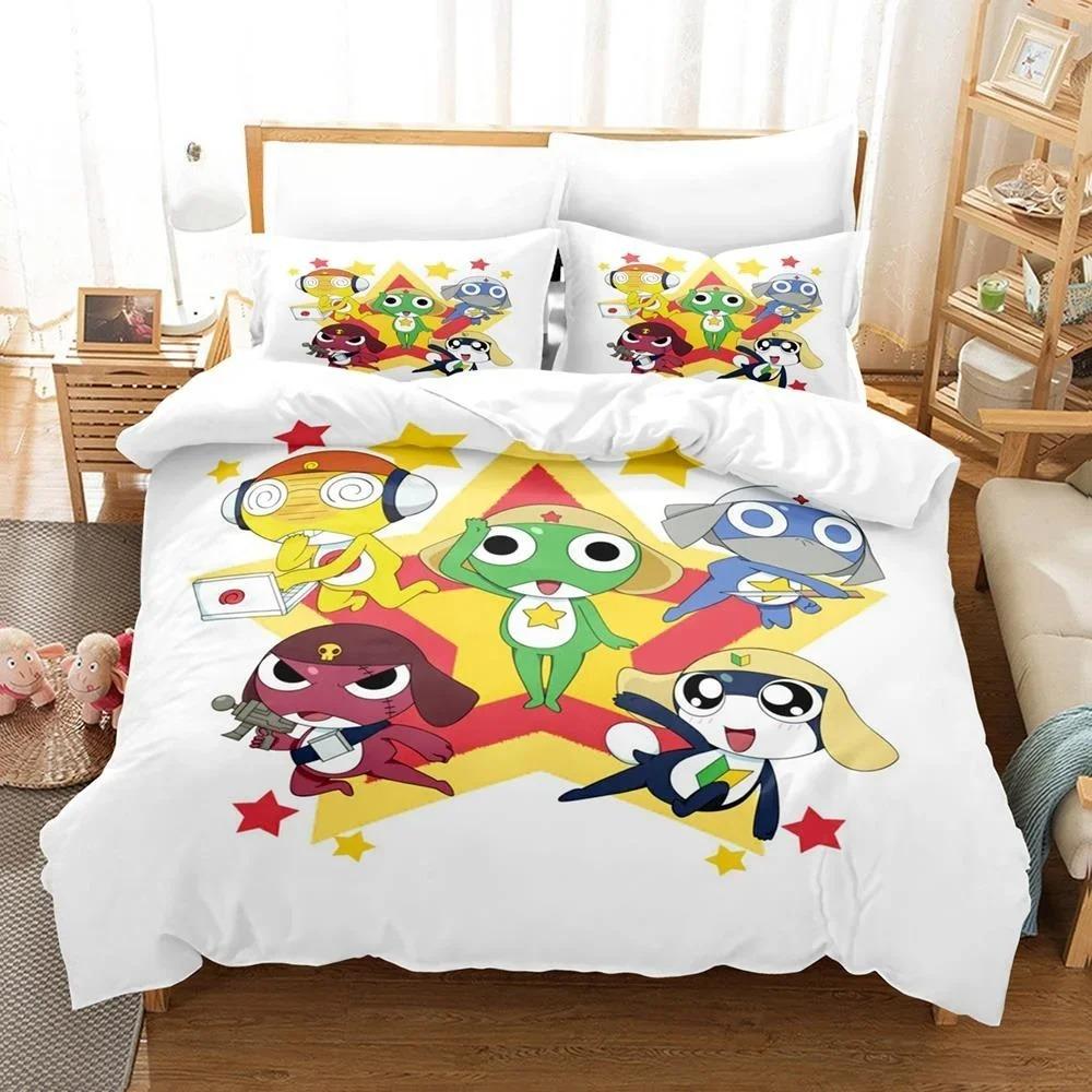 3D Kawaii Cartoons Bed Sheet Keroro Frog Bedding Set Single Twin Full Queen King Size Bed Set Adult Kid Bedroom Duvet Cover Sets