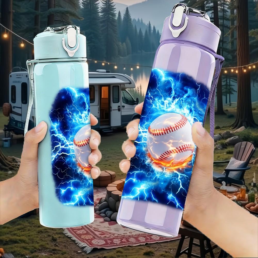 1PC Blue Energy Lightning Soccer Print 750ml Color Plastic Sports Water Bottle Leakproof Flip Straw Lid Suitable for Sports Office Home Use