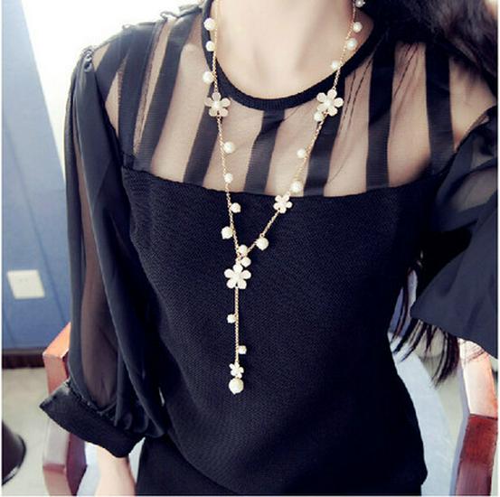 Korean Five-Petal Flower Sweater Necklace with Pearl Tassels - Women s Fashion Accessory
