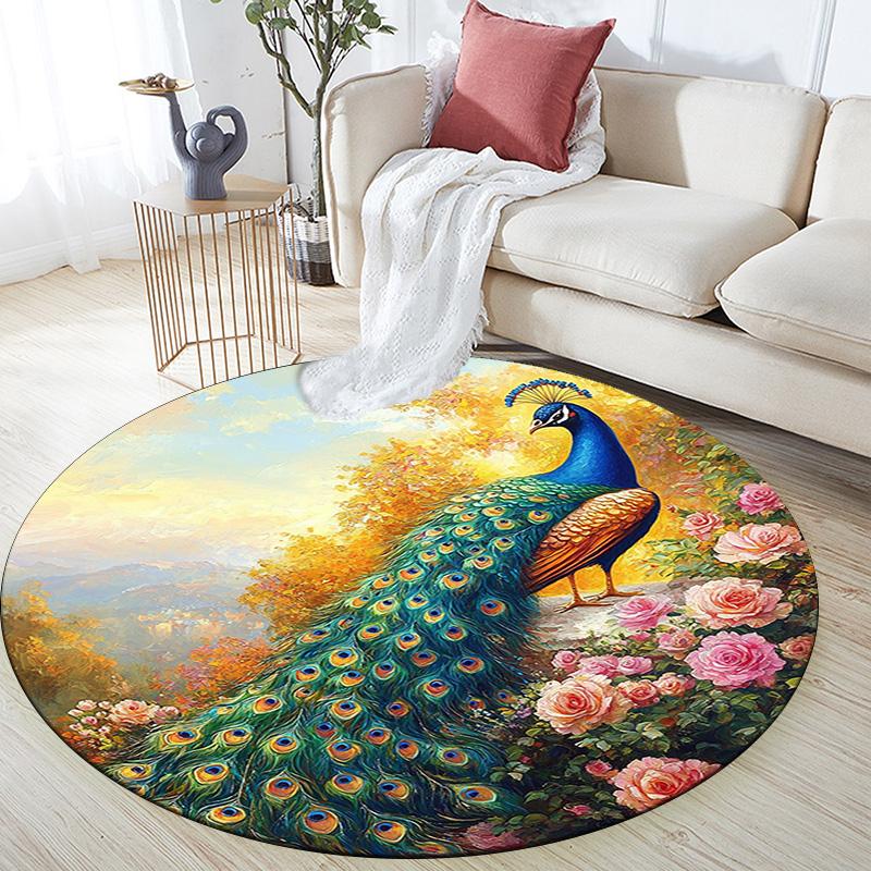 Peacock Garden Round Area Rug,Carpet Rug for Living Room Bedroom Sofa Playroom Decor,Non-slip Floor Mat