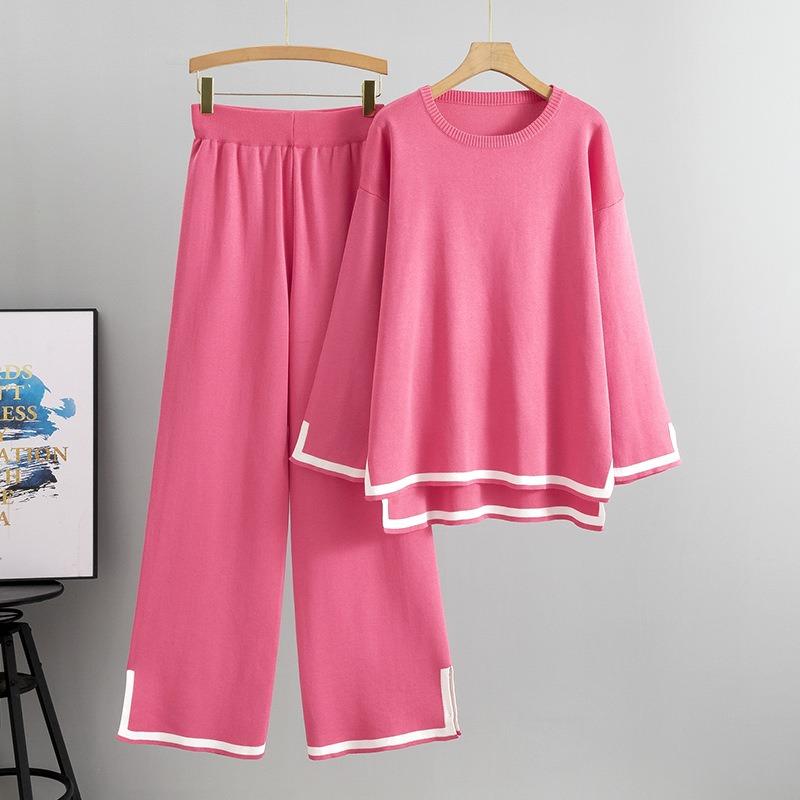 Autumn Women's Plus Size Fashion Chic Neckline Knit Top Wide Leg Pants Casual Sports Pant Suit