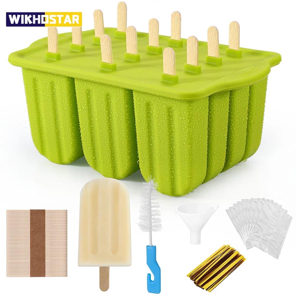 WIKHOSTAR 12 Grid Bpa-free Silicone Ice Cream Mould Tools with 50 Ice Cream Sticks and Packaging Bag DIY Ice Cream Mold Popsicle Maker for Home
