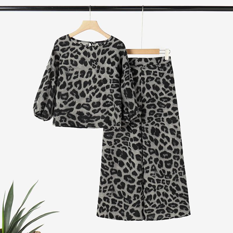 

ZANZEA Женская блузка и брюки повседневный комплект из двух предметов с леопардовым принтом S серый