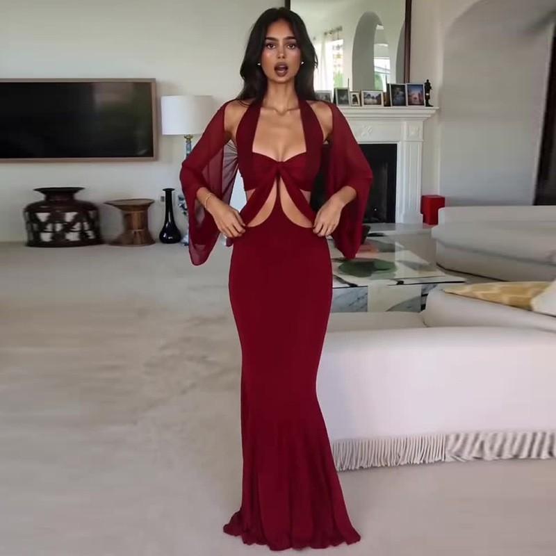 Red Backless Wrap Dress With Cutout Detail High-Waisted Bodycon Midi 2026 Elegant Evening Outfit XS красный