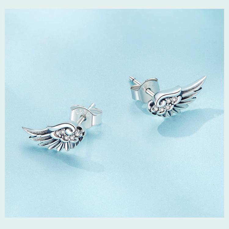 Silver Ziyun Original S925 Angel Wing Earrings with Inlaid Zircon - Unisex Retro Design.