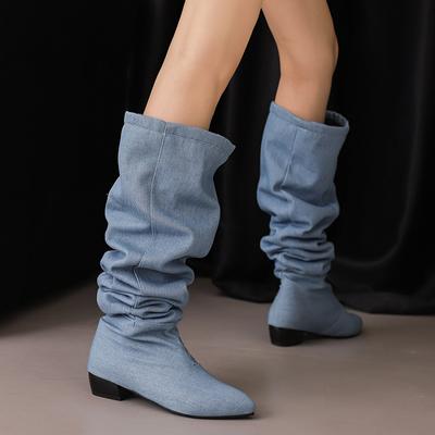 Denim Over The Knee High Cowboy Boots for Women Autumn Pleated Block Heels Long Boots Woman Round Toe Low Heel Botas Mujer
