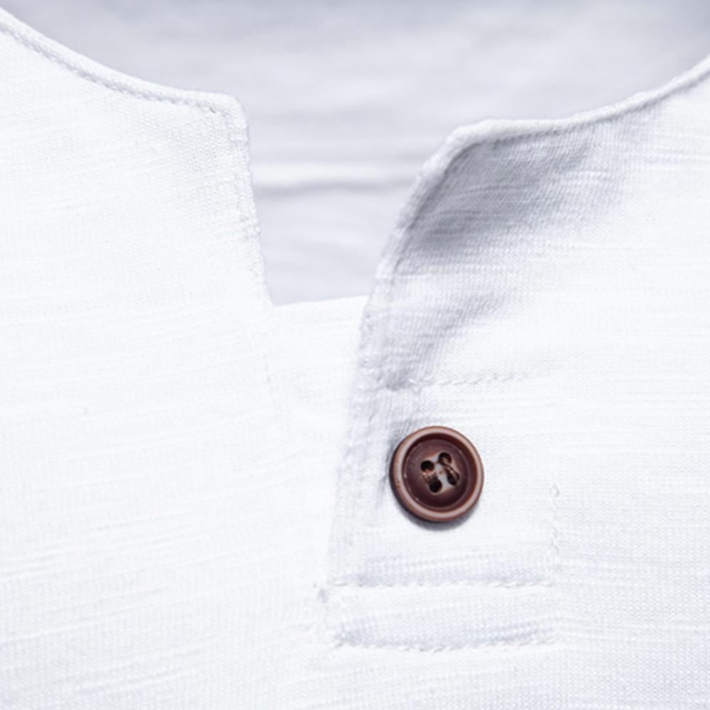 Slub Cotton T-shirt Sold Color Sigle Button V-neck Breathable Short-sleeve T Shirt Hawaiian Shirt Beach Tops Tees for Men