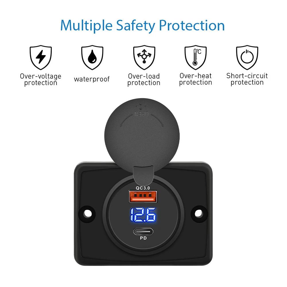 Quick Charge PD30W+QC3.0 12V/24V Fast Charge Outlet Power Adapter with Sliding Cap 12-24V Car USB Port Charger for Car Bus RV