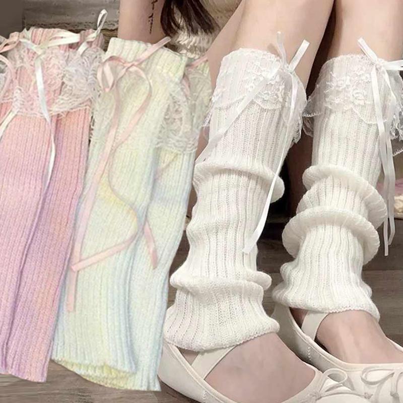 2026 New Woman Leg Warmers Autumn and Winter Ribbon Lolita Black Knee Warmers Long Socks JK Knitted Girl White Leg Warmers