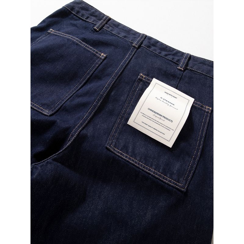 Men's Autumn Pants with Heavy Texture, Loose Fit, Dad-Style, American Retro Design with Visible Stitching, Dark Blue Straight-Leg Jeans