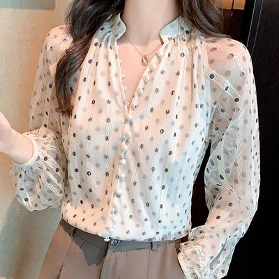 Mode Langarm V-ausschnitt Dot Bluse Shirt Frauen Tops J220