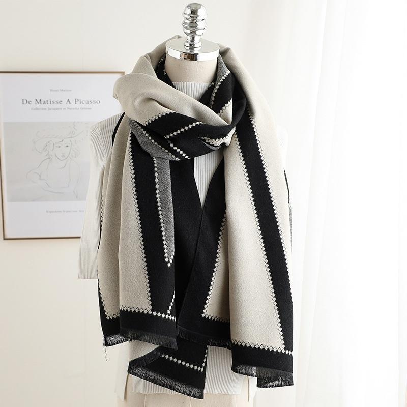 Strips Printed Scarf Spring Autumn and Winter Cashmere Thick Scarf Air Conditioning Room Shawl for Women Fashion Embroidered Warm Scarf