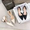 2025 summer new side empty thick heel single shoes Korean version pointed temperament high heels Internet celebrity shallow mouth hollow single shoes
