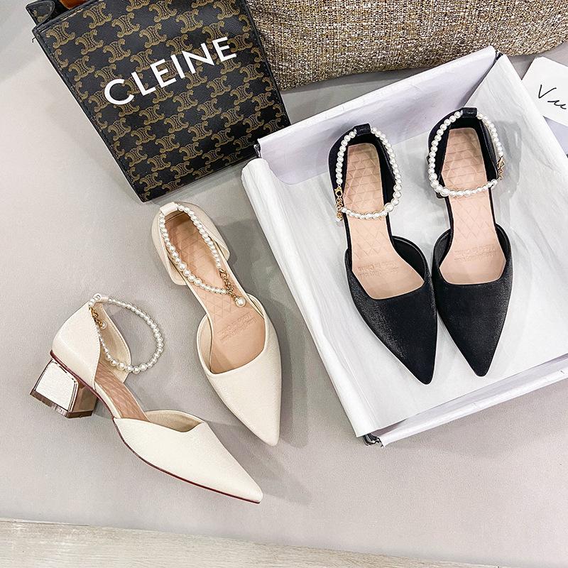 2025 summer new side empty thick heel single shoes Korean version pointed temperament high heels Internet celebrity shallow mouth hollow single shoes