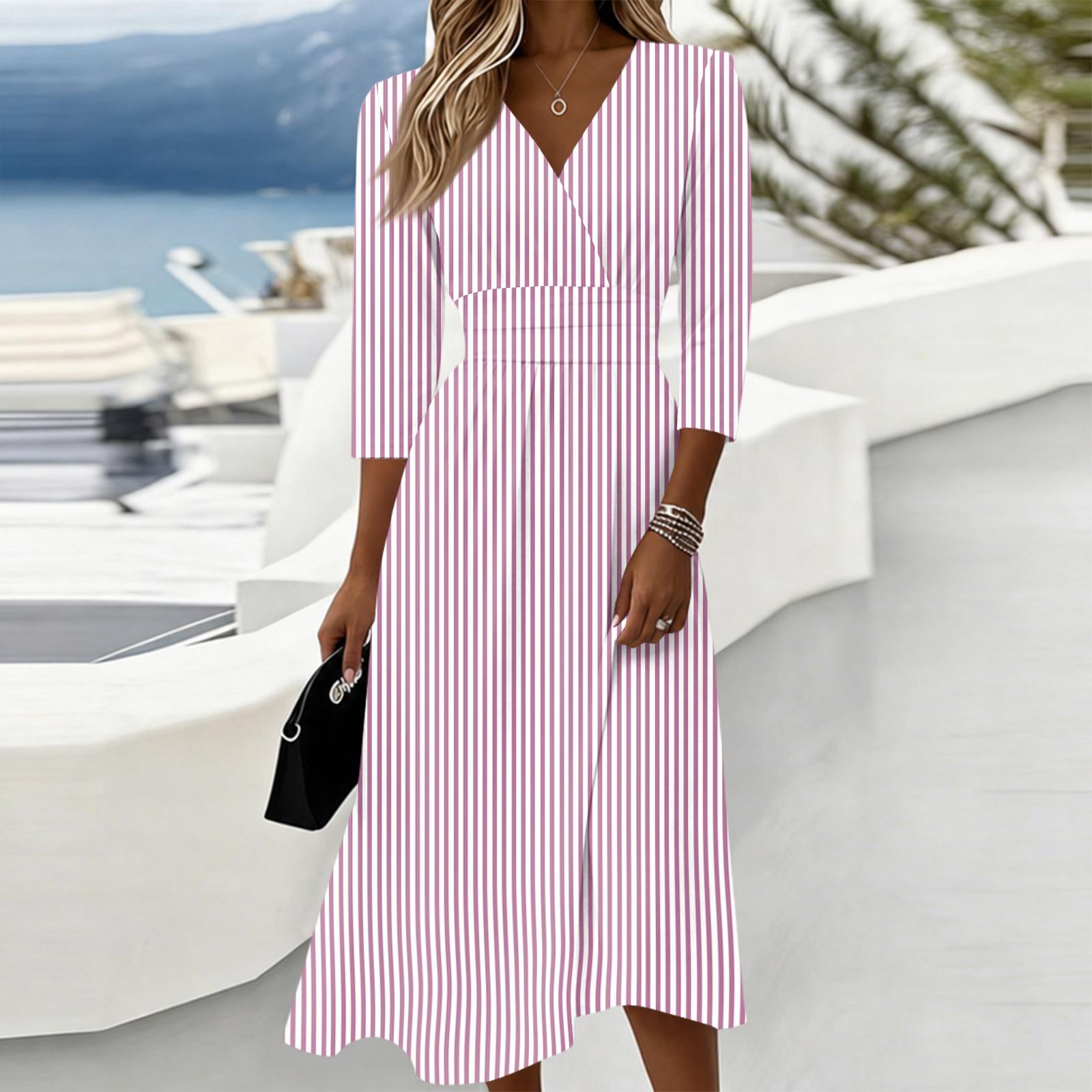 Women s Casual Color V-Neck Three-Quarter Sleeve Back Zipper Dress XL