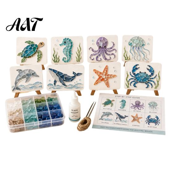 Set per Creare Decorazioni Costiere Fai da Te Mosaico Artistico con Vetro di Mare, Kit Creativo a Tema Animali Marini per Adulti Principianti, Pacchetto Materiali Fatti a Mano Casa Nautica