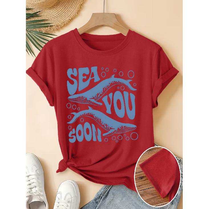 Women's Elegant Short-Sleeve Gift with Bubble Blue Whale Fun English Print Pattern and Vintage Round Neck T Fresh and Natural Style Loose-fitting