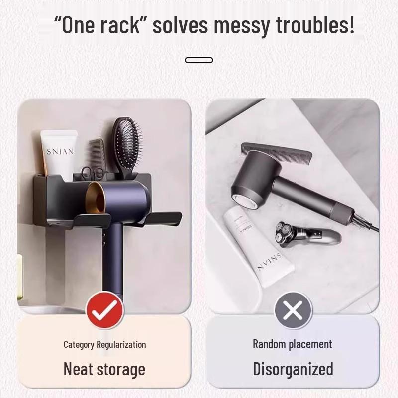 Punch-Free Wall-Mounted Hair Dryer Holder and Storage Rack