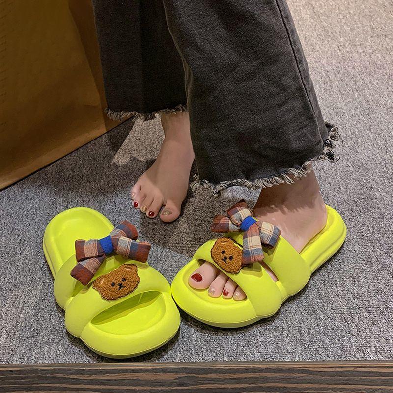 Cute bow one-word slippers for women 2025 new girl heart flat bottom stepping on shit feeling versatile home half slippers for women