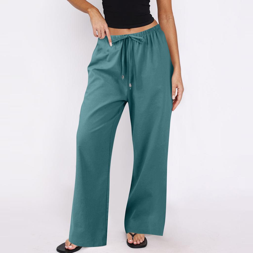 Women's Cotton And Linen Casual Summer Straight Wide Leg Loose Drawstring Elastic Waistband Pocket Trousers