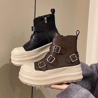 Botine cu Platformă la Modă Toamnă Nou Vârf Rotund Cataramă Metalică Colorblock Fermoar Lateral Antiderapante Rezistente la Uzură Pantofi Unici