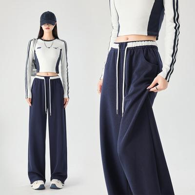 Color Blocking Wide Leg Pants for Women In Spring, High Waisted Loose Lace Up Pants, Casual Straight Leg Sports Pants