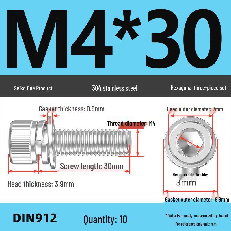 304 Stainless Steel Hex Socket Cap Screw with Washer - Sizes M3, M4, M5, M6, M8, M12
