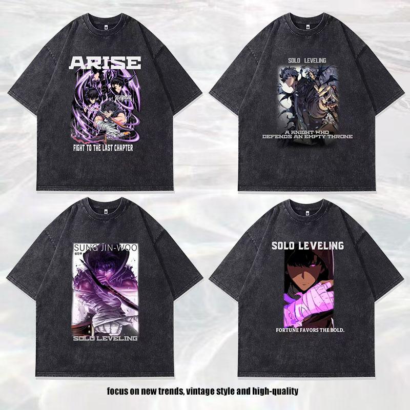 Japanese I Alone Upgrade Animation Printing Short-Sleeved T-Shirt Retro Washed Old Casual Half-Sleeved T-Shirt