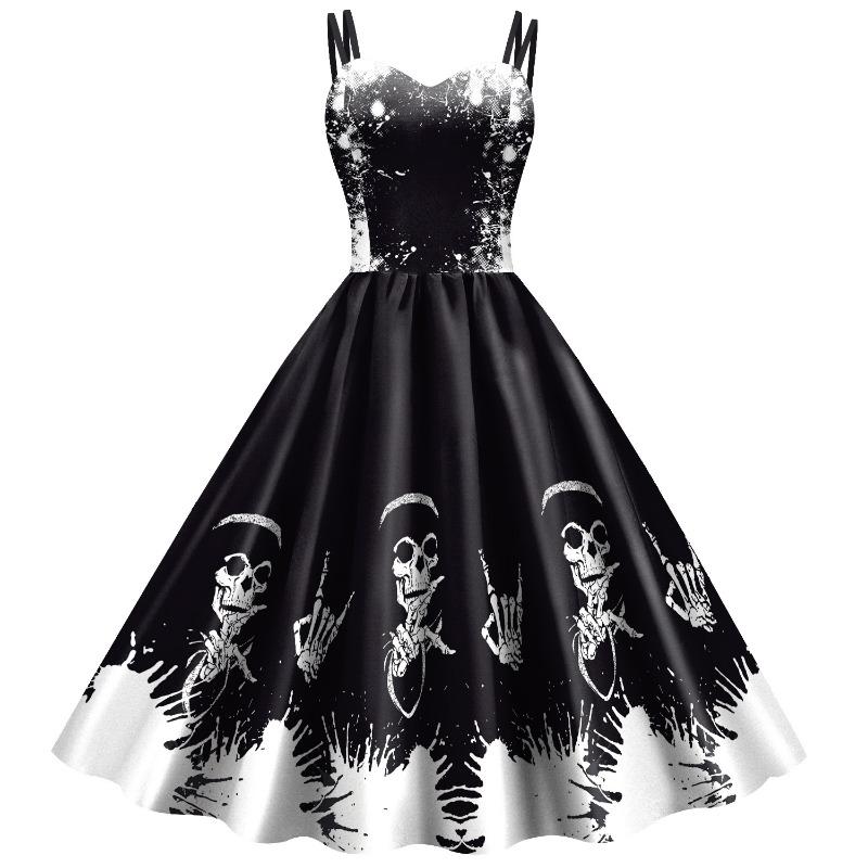 Source Women's Dress Halloween New Dress Suspender Skeleton Skull Head Digital Printing Dress Women