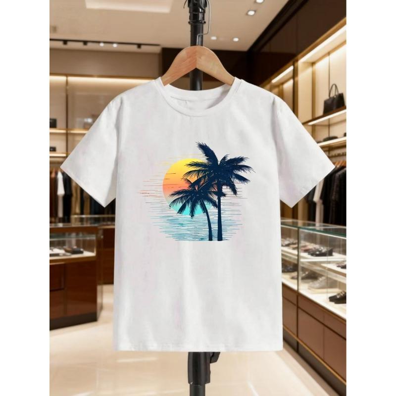 European sizes Children s Short-Sleeve T-Shirt with Vintage Sunset Coconut Tree Beach Print, Summer Casual Crew Neck Top for Boys and Girls 110 белый