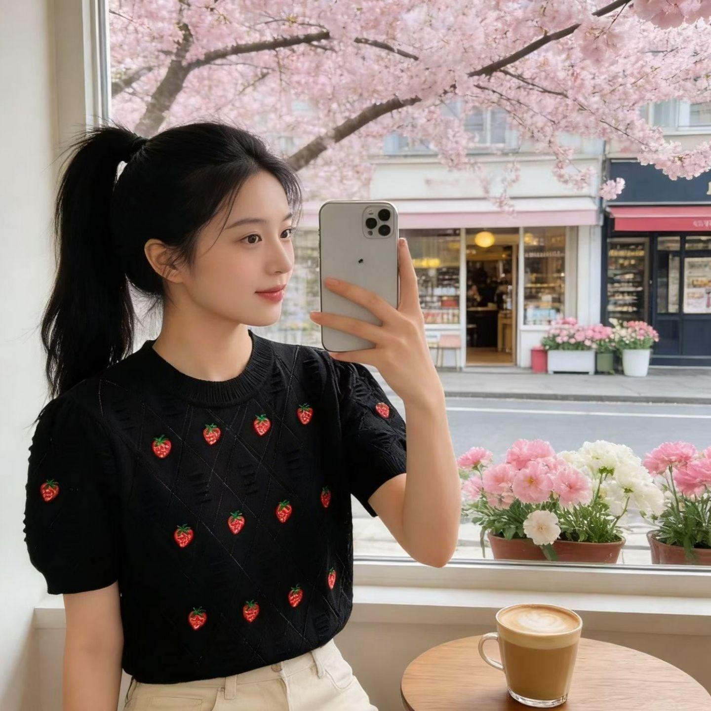 

Front-sleeve Short-sleeved T-shirt for Women in Summer, Slimming Design with Embroidery and Sequins, Silk Base Layer Blouse One size чорний