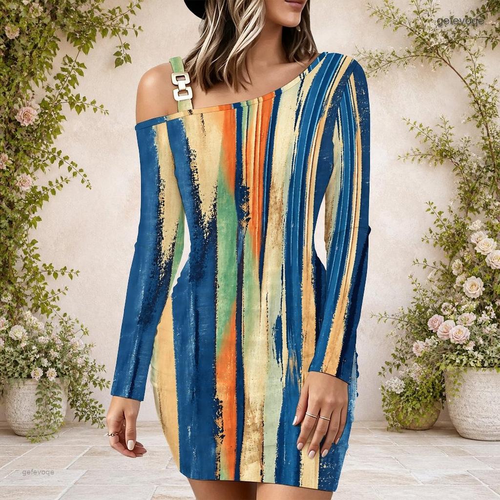 Women Plus Size One Shoulder Long Sleeve Printed Blue Pink White Bodycon Mini Dress