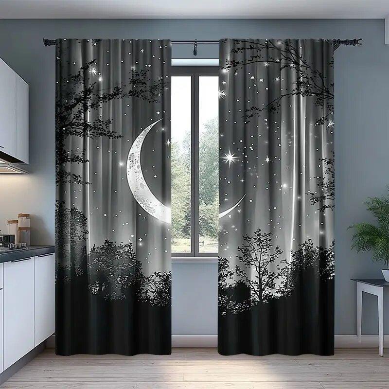 Starry Sky Moon Night Room Decorations Print Curtains Pole Bag Home Decoration Curtain Set Of 2 Made Polyester Washable